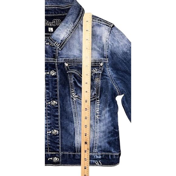 Miss Me Embellished Gothic Cross Cropped Denim Jacket Large - Picture 2 of 6